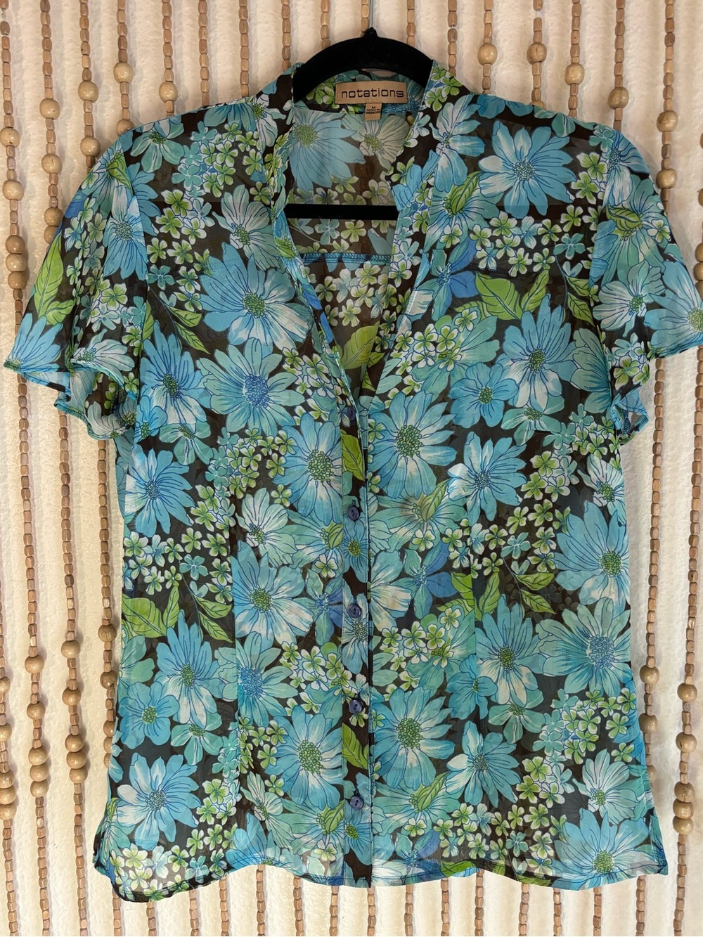 Vintage Notations Blue Green Floral Button Down Semi Sheer Collared Y2K Blouse